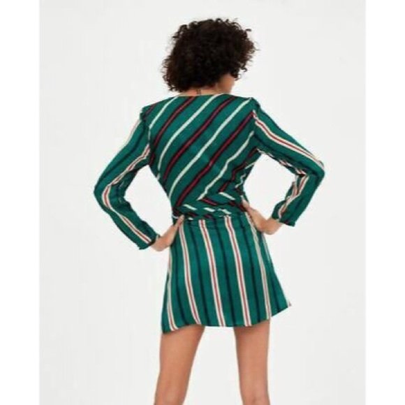Zara Silk Green Red Striped Wrap Romper | Sz M - Picture 3 of 6